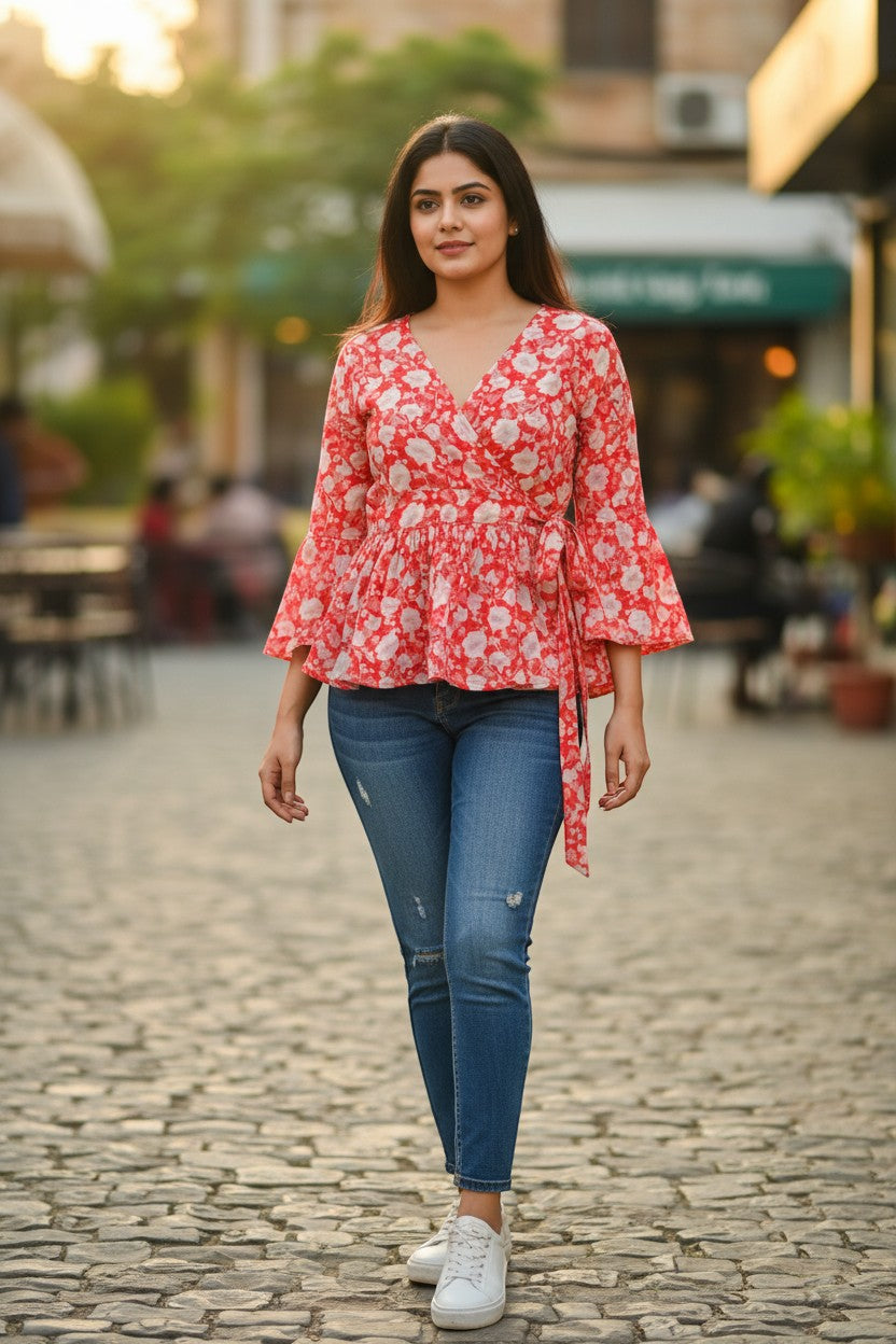 Naanu coral red cotton wrap peplum top with white floral print, V-neck, tie waist, and bell sleeves.