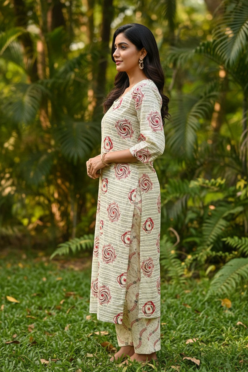 Naanu cream block print kurta with chikankari placket and vine print pants set. Round neck, 3/4 sleeves, straight hem with side slits.