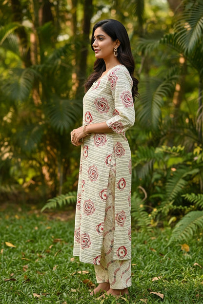 Naanu cream block print kurta with chikankari placket and vine print pants set. Round neck, 3/4 sleeves, straight hem with side slits.