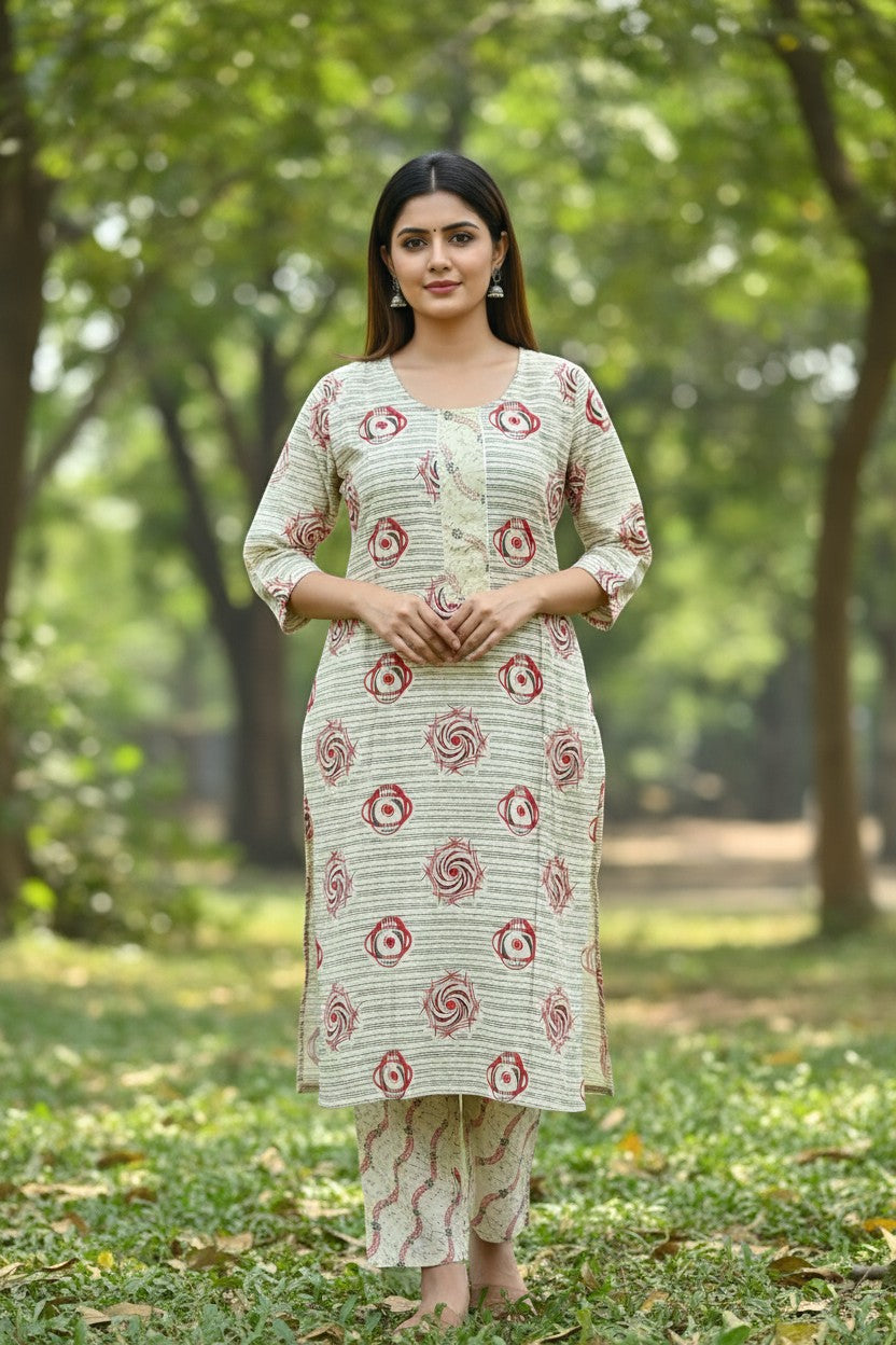 Naanu cream block print kurta with chikankari placket and vine print pants set. 3/4 sleeves, round neck, straight hem.