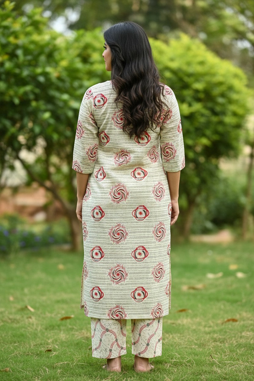 Naanu cream block print kurta with Chikankari placket and vine print pants set. Features round neck, 3/4 sleeves, straight hem, and matching pants.