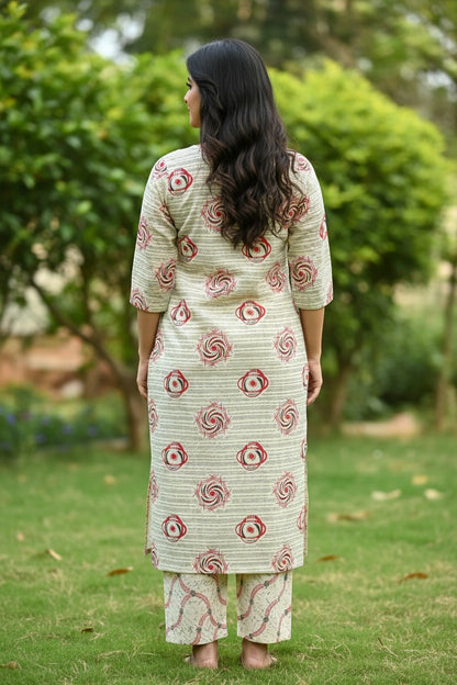 Naanu cream block print kurta with Chikankari placket and vine print pants set. Features round neck, 3/4 sleeves, straight hem, and matching pants.