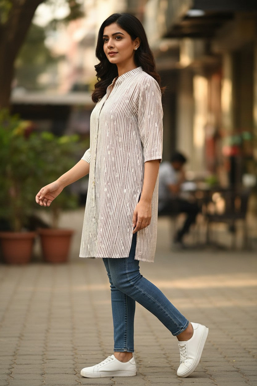 Naanu cream and brown pinstripe linen short kurti with mandarin collar and 3/4 sleeves, worn by a woman with jeans.