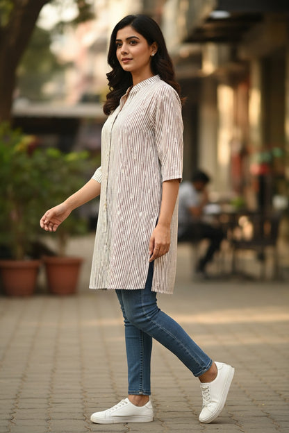 Naanu cream and brown pinstripe linen short kurti with mandarin collar and 3/4 sleeves, worn by a woman with jeans.