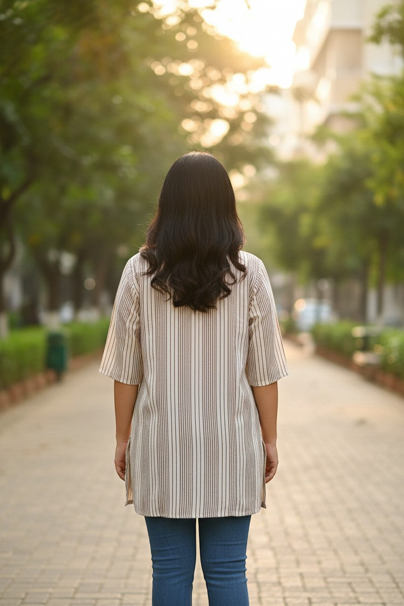 Naanu cream and brown pinstripe linen short kurti with mandarin collar and 3/4 sleeves.