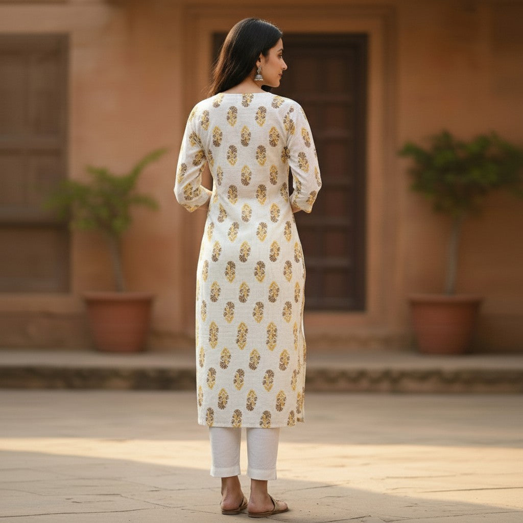 Naanu cream cotton kurta with olive green and dark brown floral medallion block print, round neck, half sleeves.