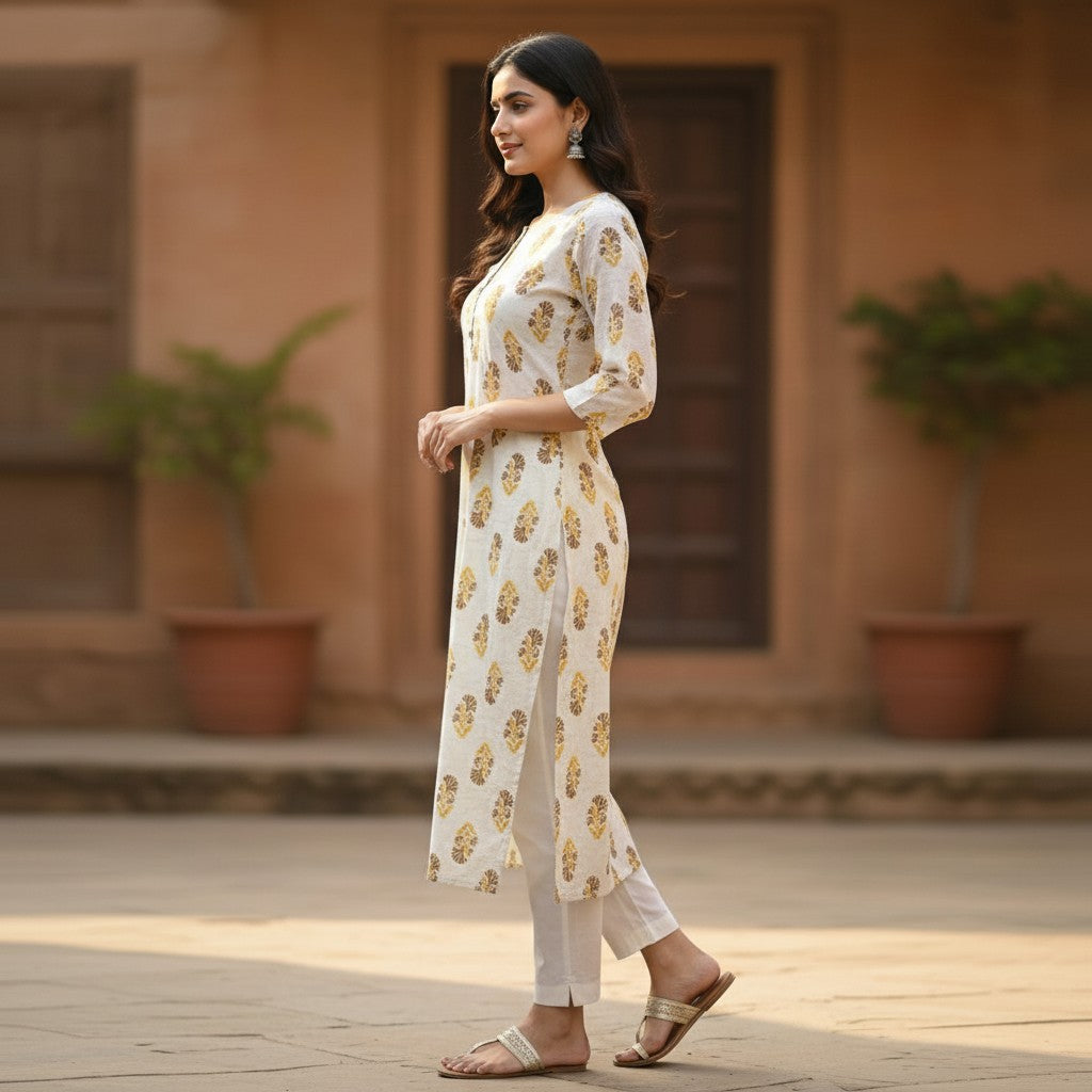 Naanu cream cotton kurta with olive green and dark brown floral medallion Sanganeri block print, round neck, half sleeves.