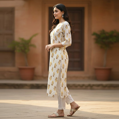 Naanu cream cotton kurta with olive green and dark brown floral medallion Sanganeri block print, round neck, half sleeves.