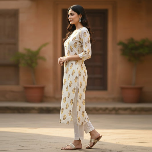 Naanu cream cotton kurta with olive green and dark brown floral medallion Sanganeri block print, round neck, half sleeves.