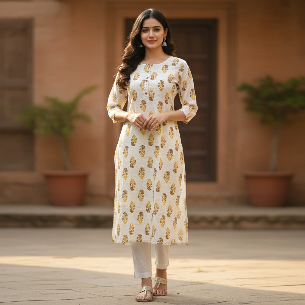 Naanu cream cotton kurta with olive green and dark brown floral block print, round neck, half sleeves, and button placket.
