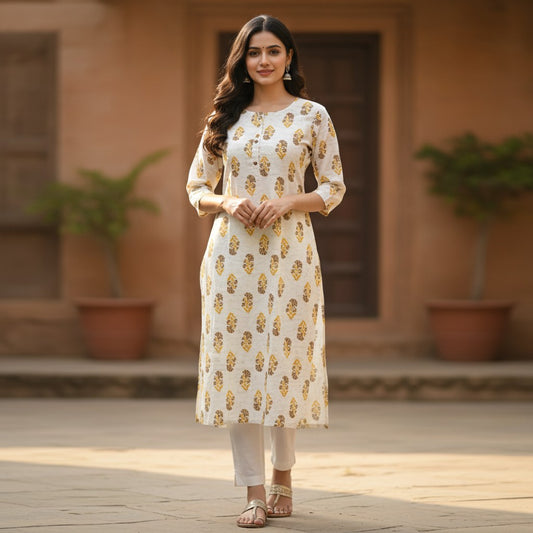 Naanu cream cotton kurta with olive green and dark brown floral block print, round neck, half sleeves, and button placket.