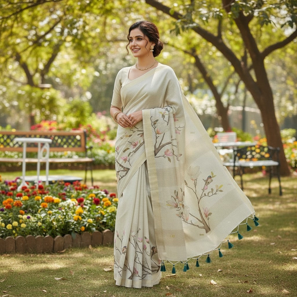 Naanu cream linen-textured saree with hand-painted floral and bird motifs, and a dark green border. Includes matching blouse.