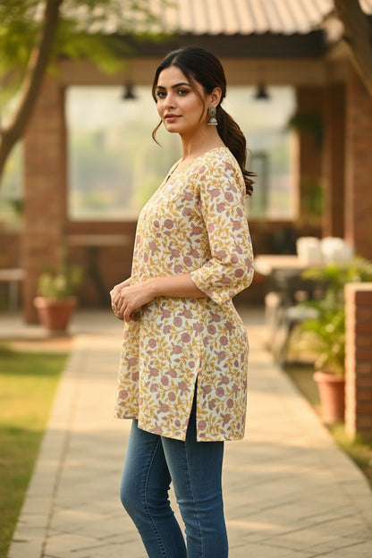 Naanu cream ivory short cotton kurti with floral print, V-notch neckline, and 3/4 sleeves, paired with blue jeans.