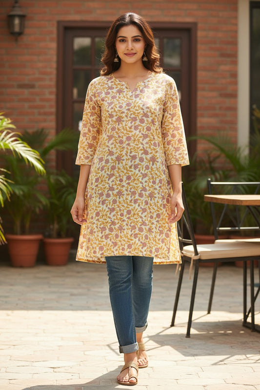 Naanu cream ivory short cotton kurti with floral print in yellow and pink, V-notch neckline, 3/4 sleeves.