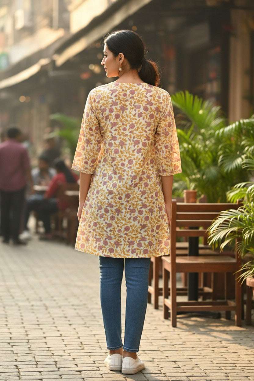 Naanu cream ivory short cotton kurti with floral print, V-notch neckline, and 3/4 sleeves.