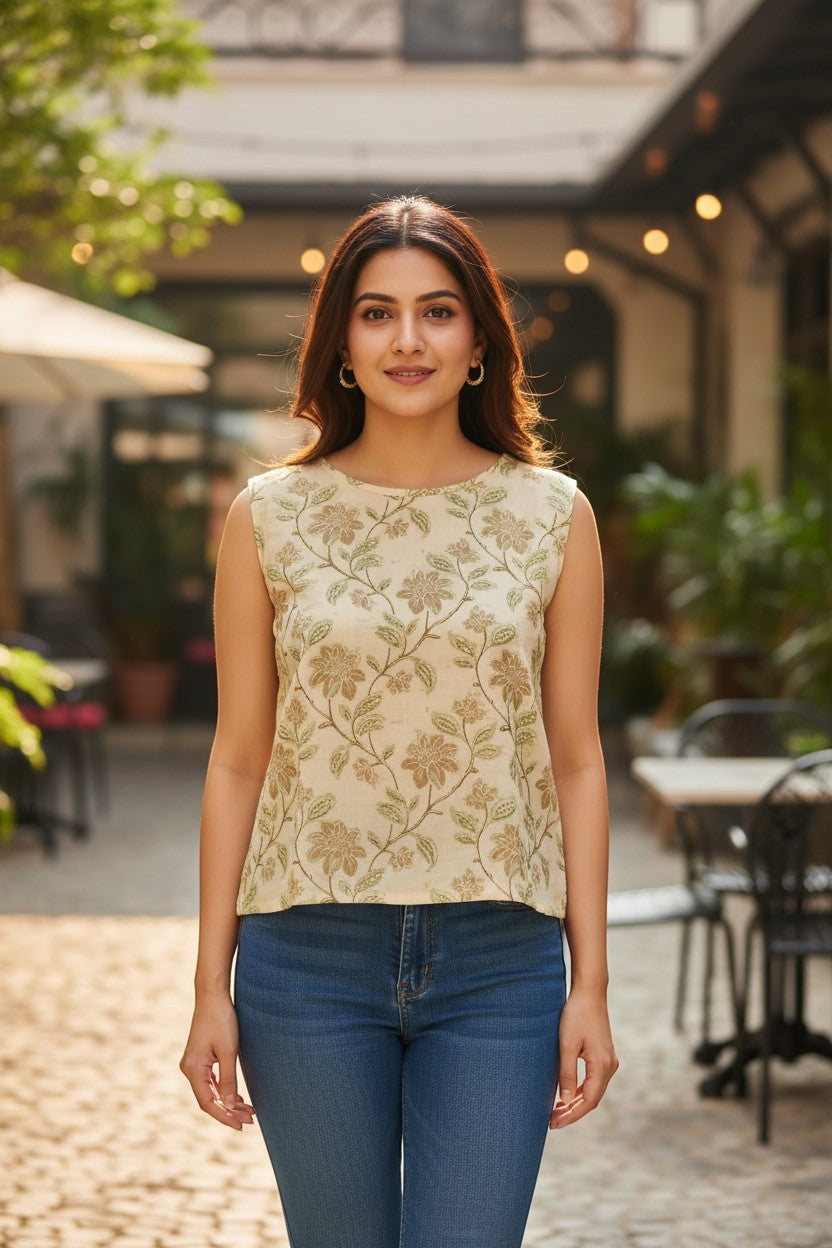 Naanu cream ivory sleeveless boxy top with golden olive floral print, wide round neck, and cap sleeves. 100% cotton.