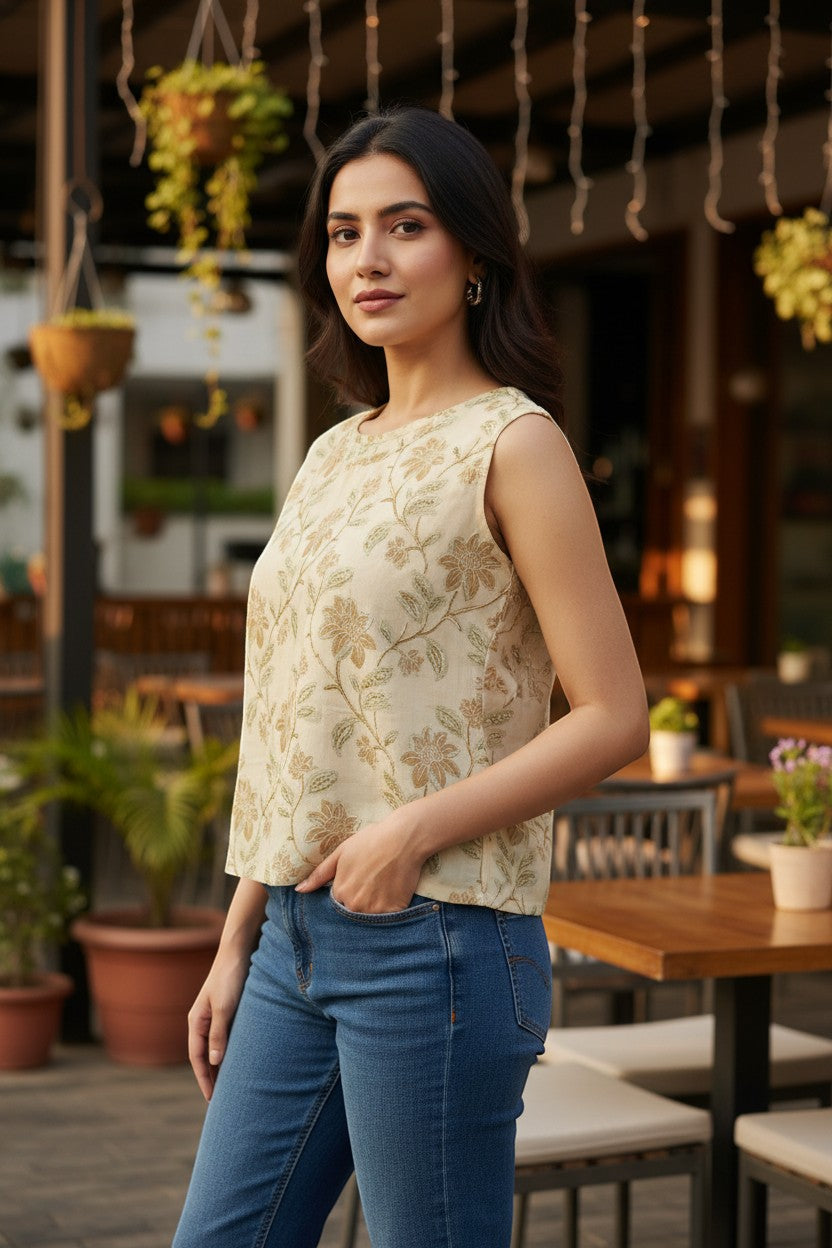 Naanu cream ivory sleeveless boxy top with golden olive floral embroidery. 100% cotton, wide round neck.