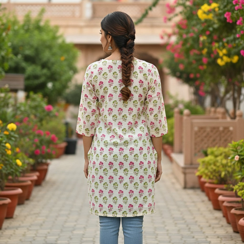 Naanu cream white cotton short kurti with pink rose and green leaf block print, wooden button keyhole neckline.