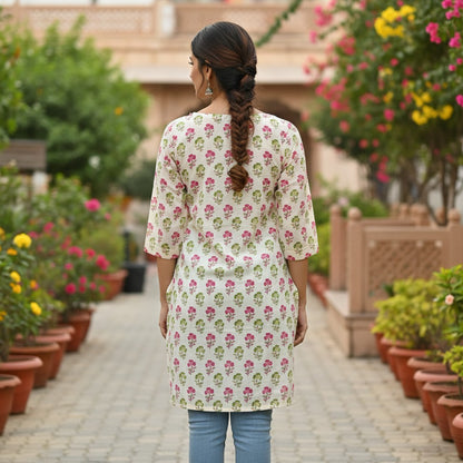 Naanu cream white cotton short kurti with pink rose and green leaf block print, wooden button keyhole neckline.