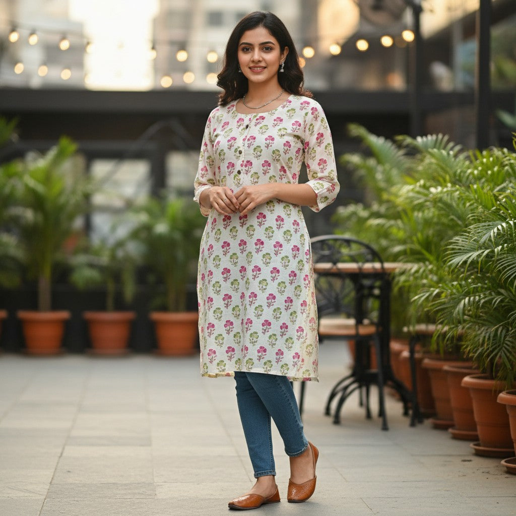 Naanu cream white cotton short kurti with all-over pink rose and green leaf block print, round neck, wooden buttons.