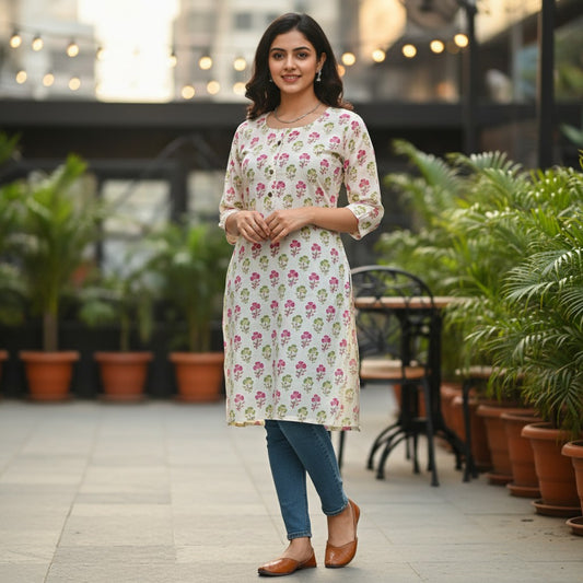 Naanu cream white cotton short kurti with all-over pink rose and green leaf block print, round neck, wooden buttons.