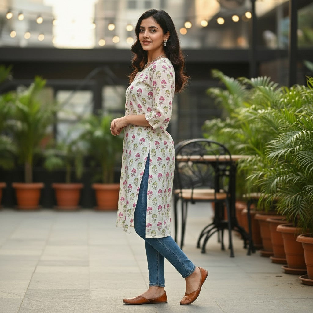 Naanu cream white cotton short kurti with pink rose and green leaf block print, wooden buttons, and keyhole neckline.