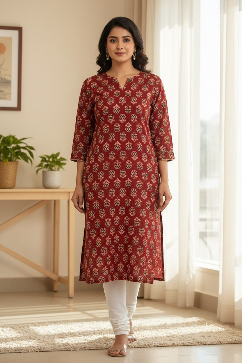 Naanu deep crimson red cotton kurta with cream rosette medallion Bagru block print and gold lace trim on V-neck and sleeves.