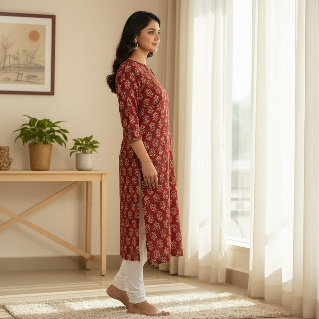 Naanu deep crimson red cotton kurta with cream rosette medallion Bagru block print and gold lace trim on V-neck and sleeves.