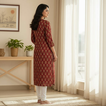 Naanu deep crimson red cotton kurta with cream rosette medallion Bagru block print and gold lace trim on V-neck and sleeves.
