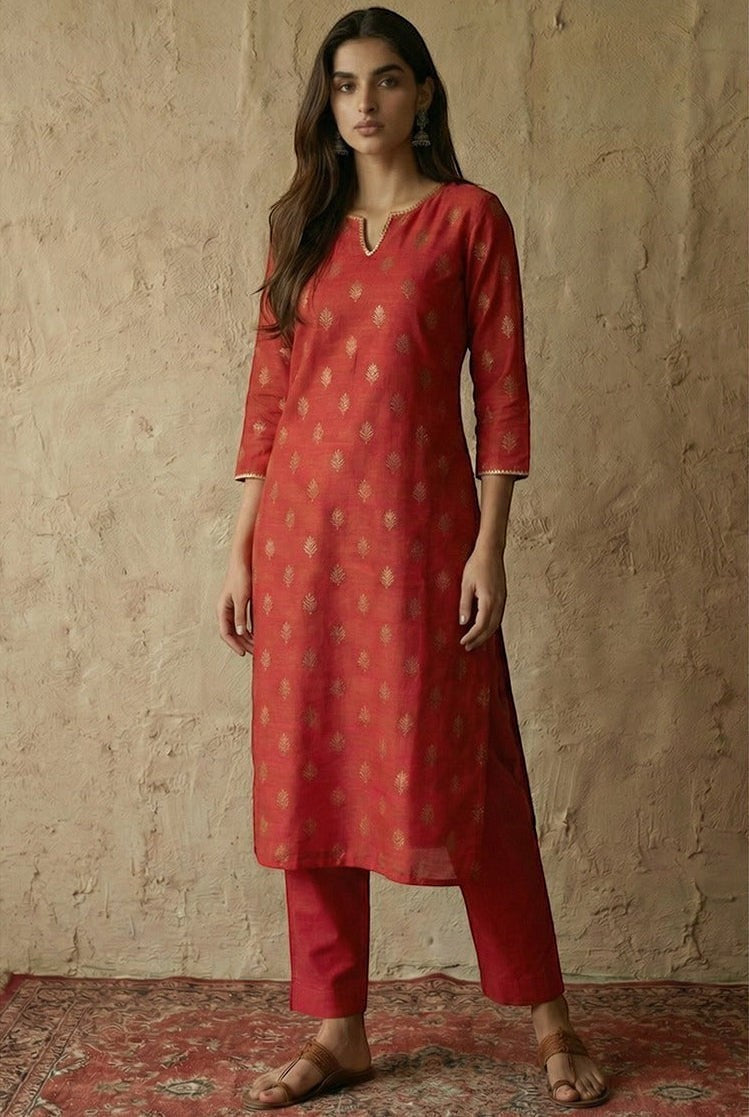 Naanu crimson silk blend straight kurta set with gold foil butti print, notched V-neck, 3/4 sleeves, and matching pants.