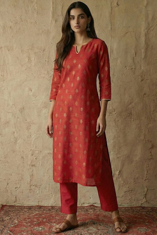 Naanu crimson silk blend straight kurta set with gold foil butti print, notched V-neck, 3/4 sleeves, and matching pants.