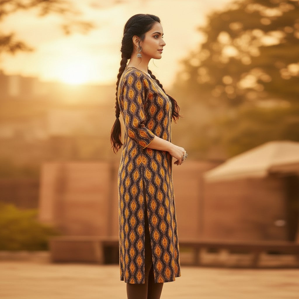 Naanu dark brown and amber ikat print cotton kurta with 3/4 sleeves and round neck.