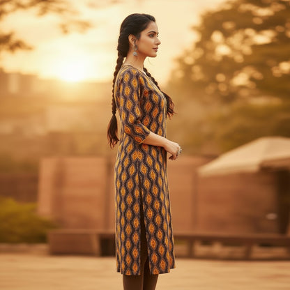 Naanu dark brown and amber ikat print cotton kurta with 3/4 sleeves and round neck.