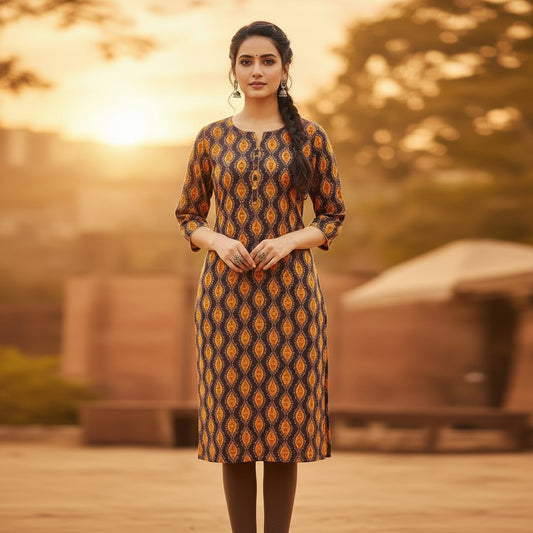 Naanu dark brown cotton kurta with golden amber ikat print, 3/4 sleeves, round neck, and relaxed straight silhouette.