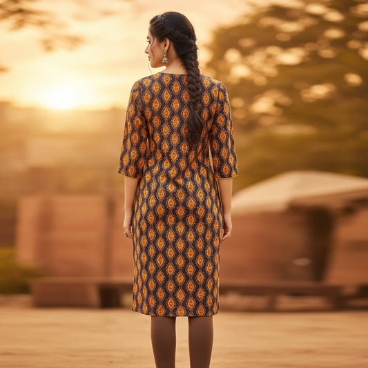 Naanu dark brown cotton kurta with golden amber vertical ogee medallion ikat print, 3/4 sleeves, and round neck with button placket.