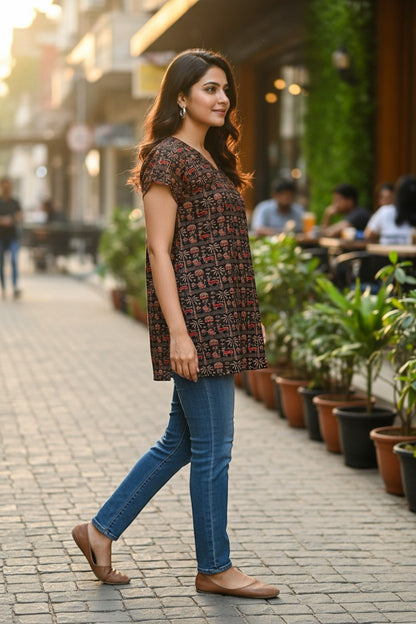 Naanu dark brown cotton top with V-neck, short sleeves, and Warli tribal print of deer and palm trees.