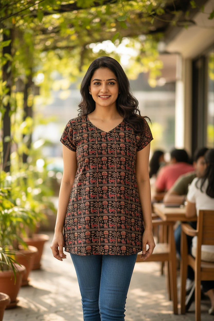 Naanu dark brown cotton V-neck top with Warli tribal print of deer and trees in red and beige. Short cap sleeves.