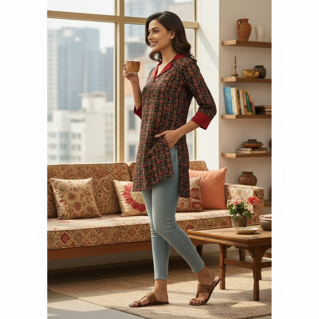 Naanu dark brown cotton kurti with red collar and cuffs, featuring a Warli tribal print. Model is wearing light blue jeans.