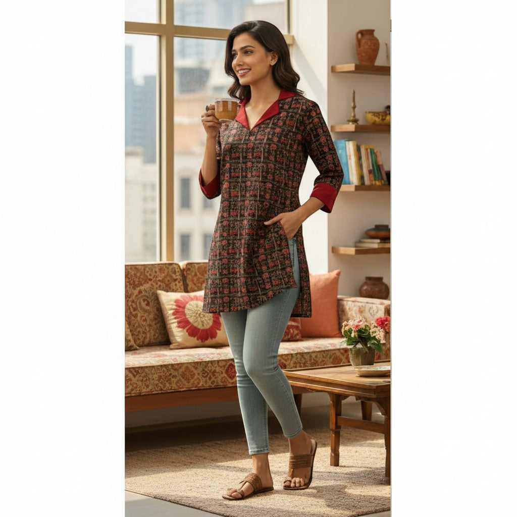 Naanu dark brown cotton kurti with Warli print, red collar, and 3/4 sleeves. Model wears light blue jeans and brown sandals.