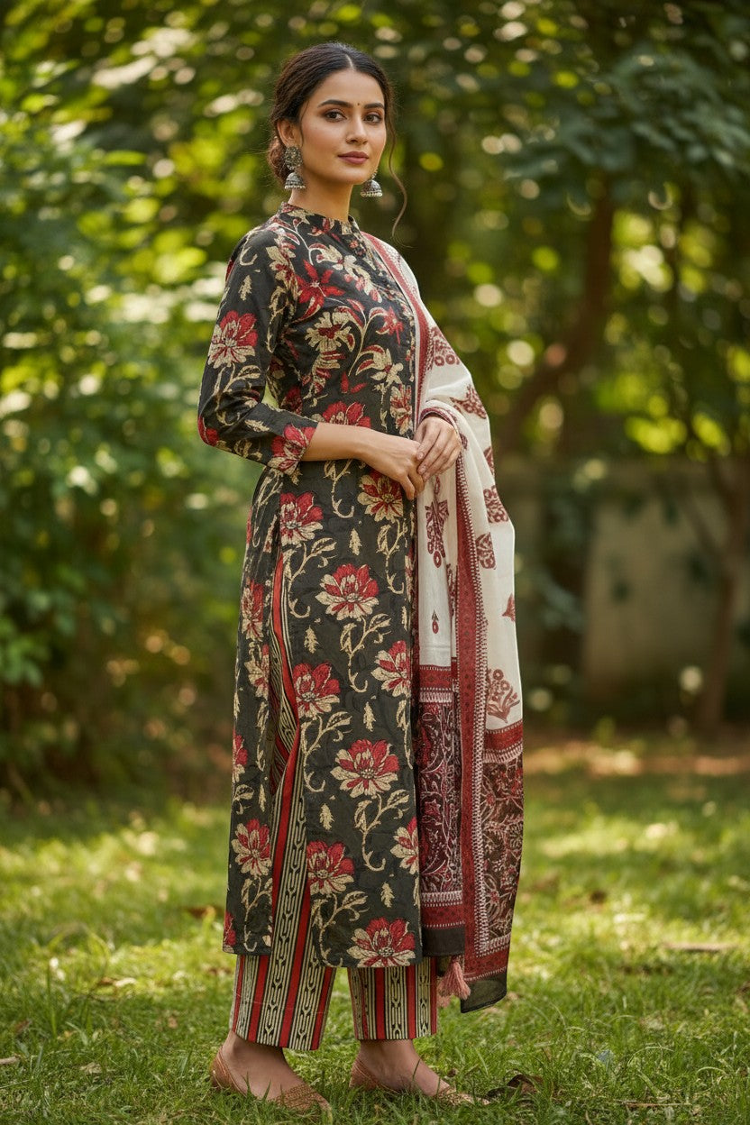 Naanu dark olive A-line kurta with floral print, ikat stripe pants, and floral border dupatta.