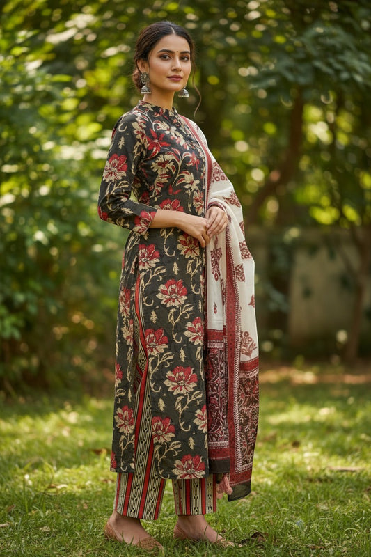 Naanu dark olive A-line kurta with floral print, ikat stripe pants, and floral border dupatta.