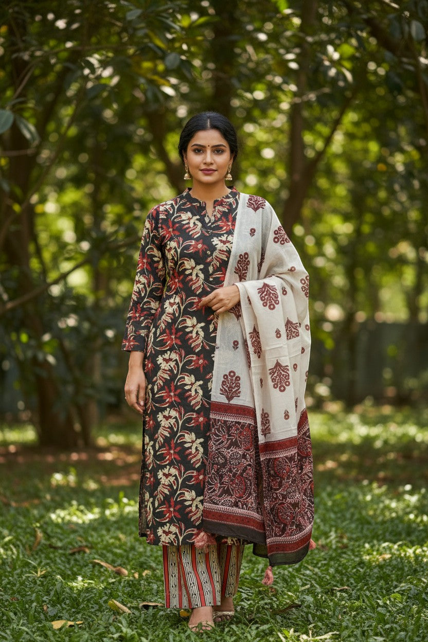 Naanu dark olive A-line kurta with floral print, ikat stripe pants, and floral border dupatta.