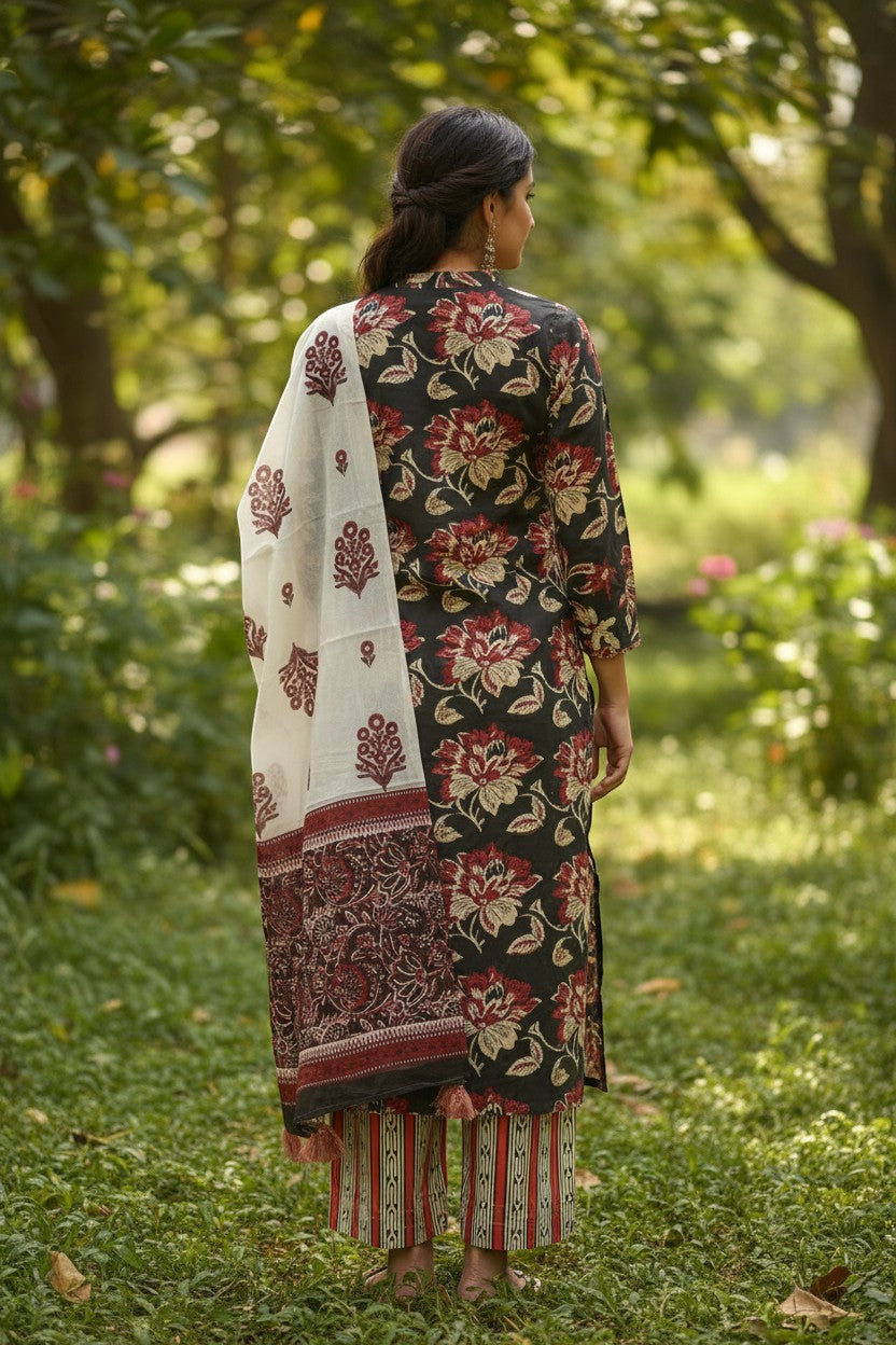 Naanu dark olive kurta with floral print, ikat stripe pants, and white dupatta with maroon border and motifs.
