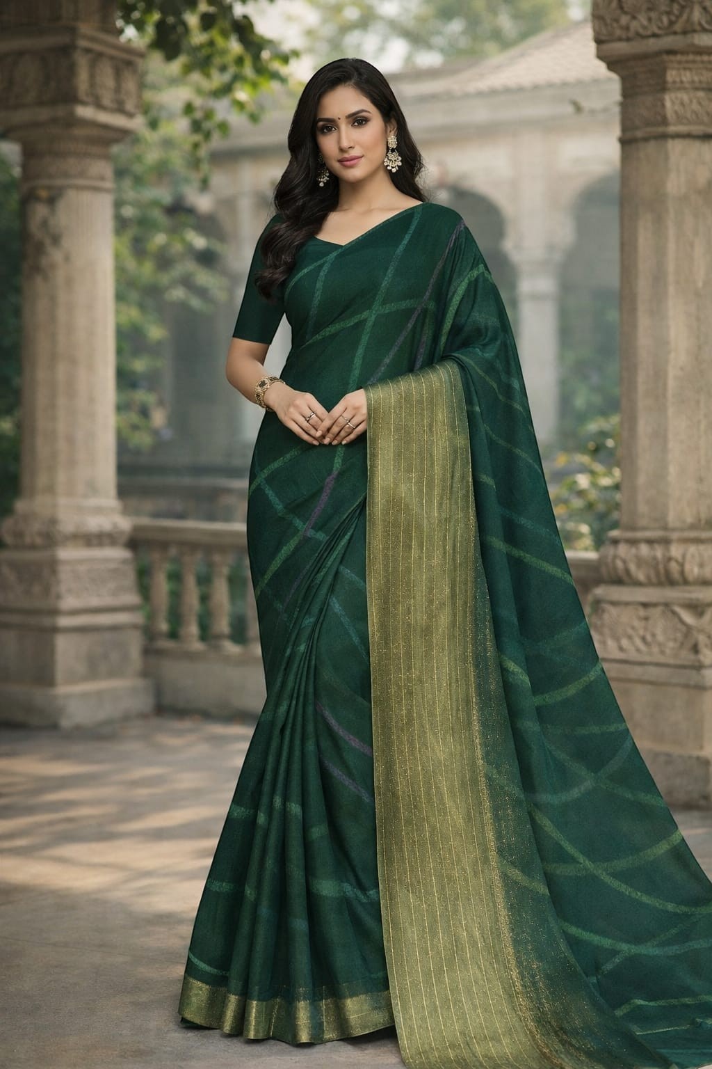 Naanu dark green georgette saree with abstract diagonal stripes and gold zari pallu and border. Festive wear.