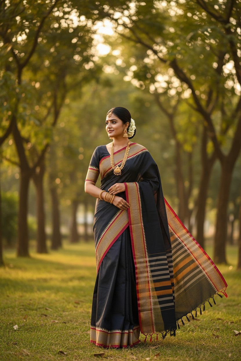 Naanu dark grey cotton saree with woven geometric border and striped pallu, worn by a woman in a park.
