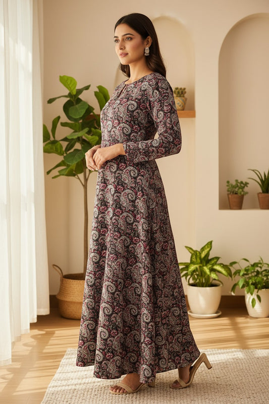 Naanu dark multicolor paisley Kashmiri print A-line maxi kurta with full sleeves and round neckline.