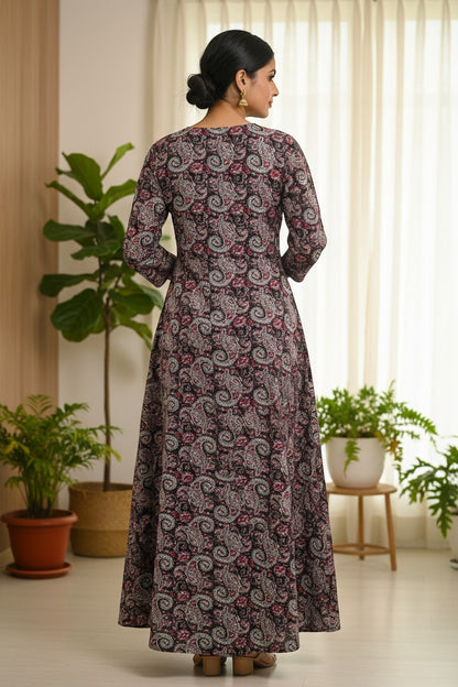 Naanu dark multicolor paisley Kashmiri print A-line maxi kurta with full sleeves and round neckline.