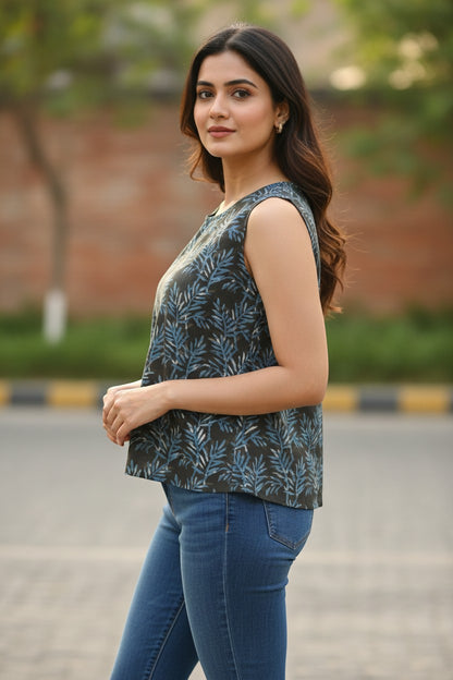 Naanu dark olive grey sleeveless A-line top with blue and white tropical leaf print, round scoop neck, short length, 100% cotton.