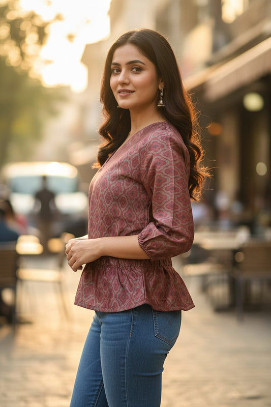 Naanu dusty mauve rose peplum top with geometric diamond jacquard weave, deep V-neck, and 3/4 sleeves.