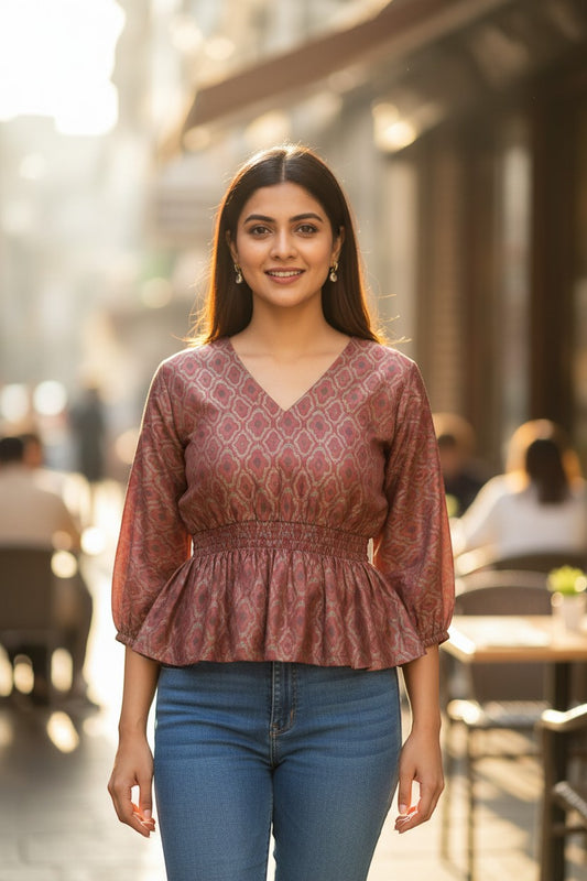 Naanu dusty mauve rose peplum top with geometric diamond jacquard weave, deep V-neck, and 3/4 sleeves.